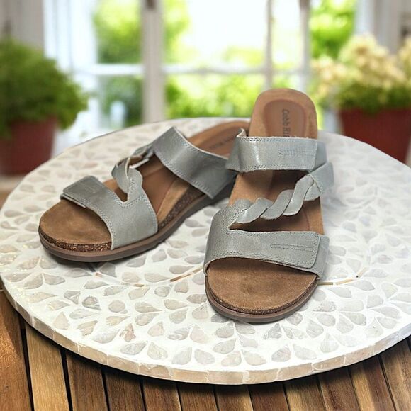 Cobb Hill May Leather Asymmetrical Slide Sandals Women’s 8 X Wide Sage Comfort - Picture 4 of 13